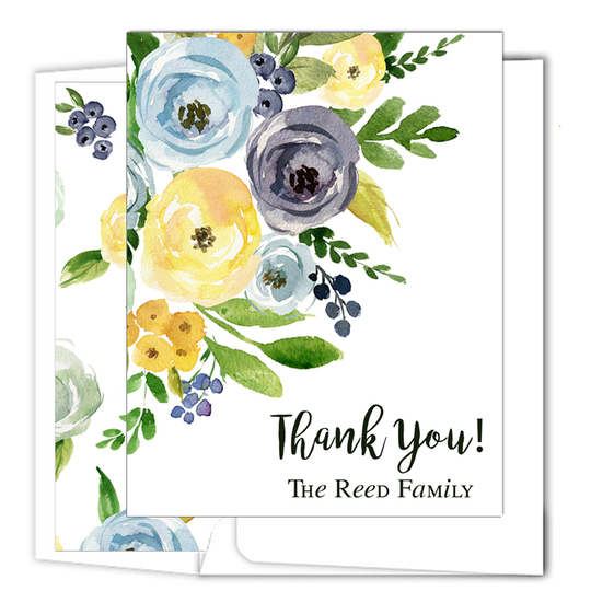 Yellow and Blue Corner Flowers Vertical Folded Note Cards